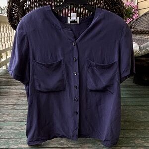 Vintage Woman’s Silx Navy Blue Silk Top with Shoulder Pads - Size 22w